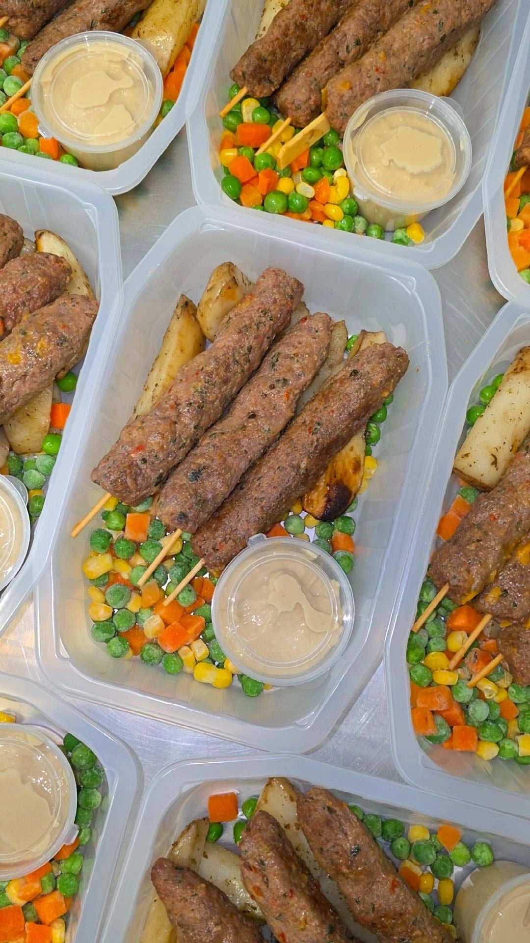 kofta skewers with roast potato and veg