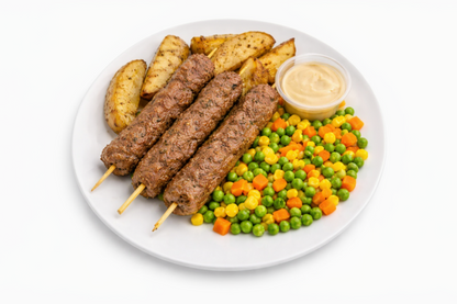 Kofta Skewers with Roast Potato and Veg